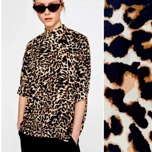 Zara Animal Print mock neck Top in Black and Tan